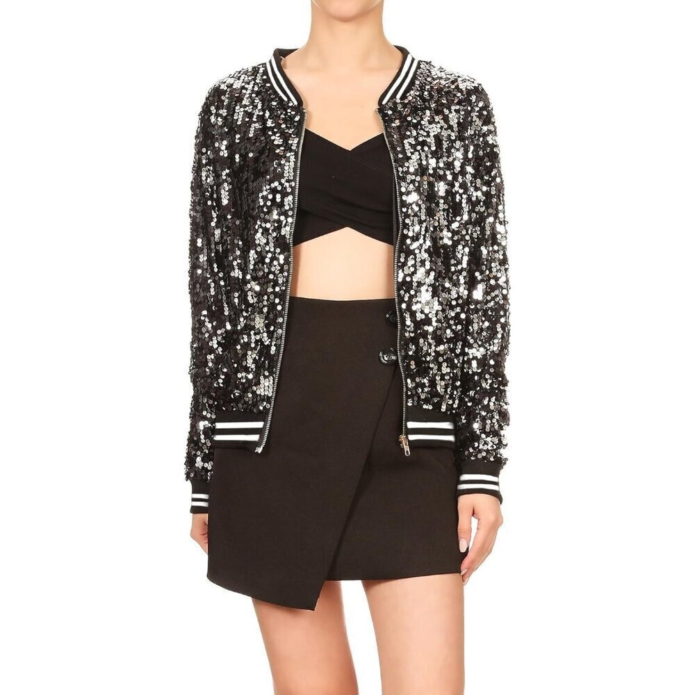 Brand New Women Black White Stripe Polyester Anna-Kaci Sequin Long Sleeve